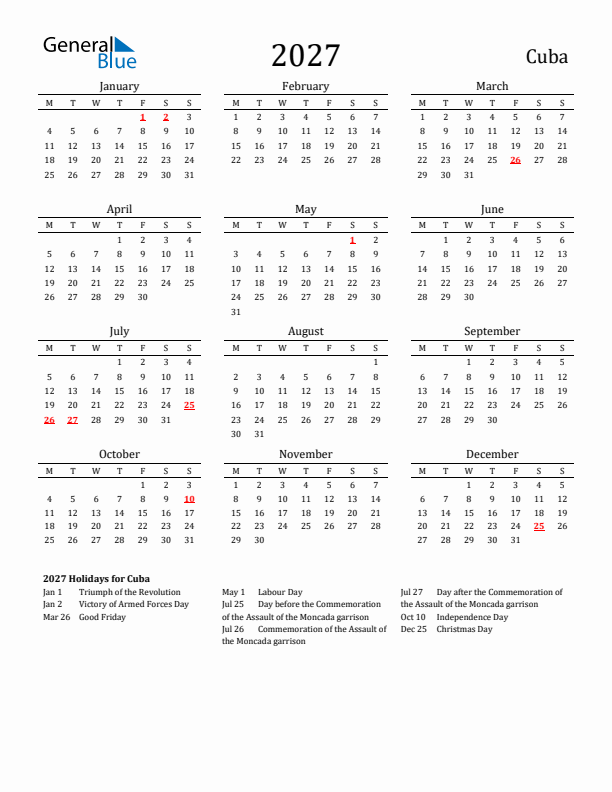 Cuba Holidays Calendar for 2027