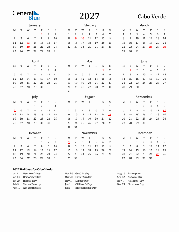 Cabo Verde Holidays Calendar for 2027