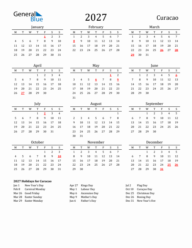 Curacao Holidays Calendar for 2027