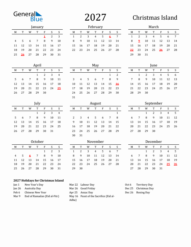 Christmas Island Holidays Calendar for 2027