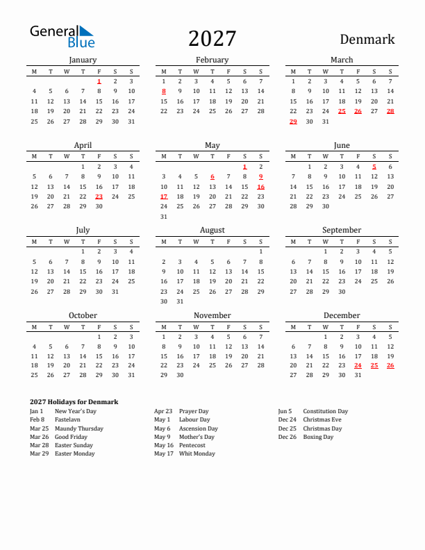 Denmark Holidays Calendar for 2027