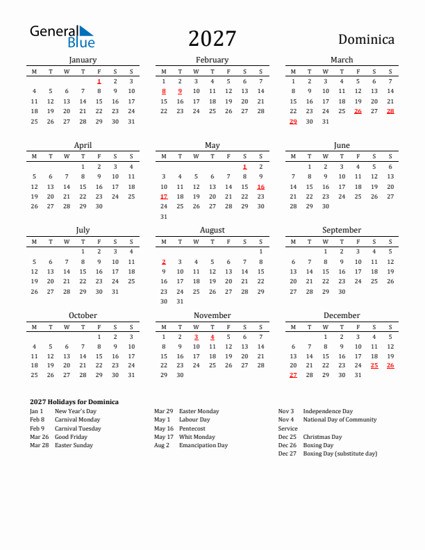 Dominica Holidays Calendar for 2027