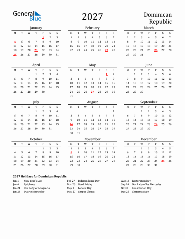 Dominican Republic Holidays Calendar for 2027