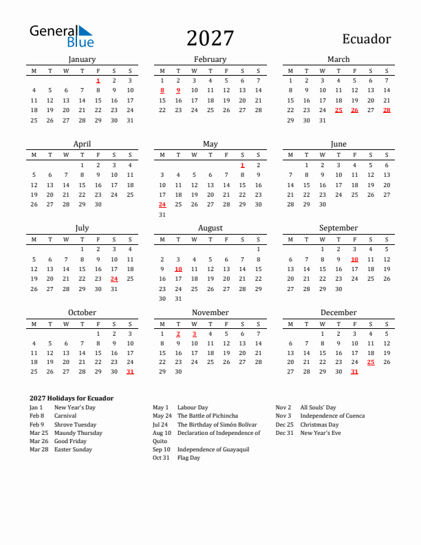 Ecuador Holidays Calendar for 2027