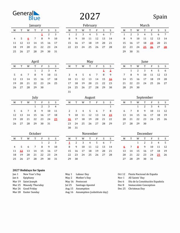 Spain Holidays Calendar for 2027