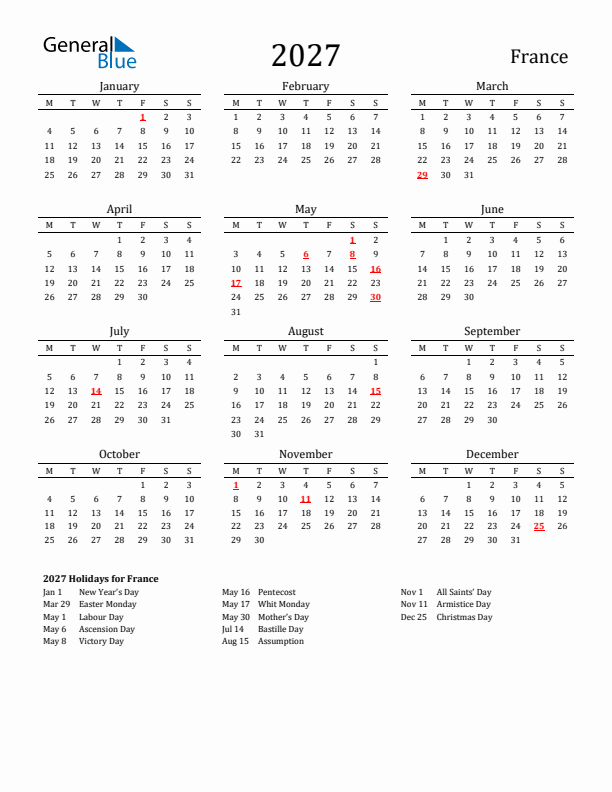 France Holidays Calendar for 2027