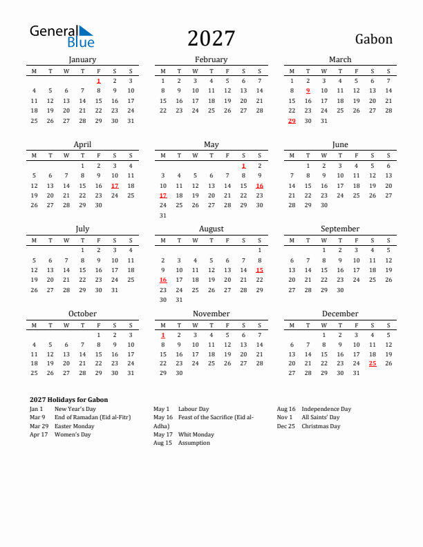 Gabon Holidays Calendar for 2027