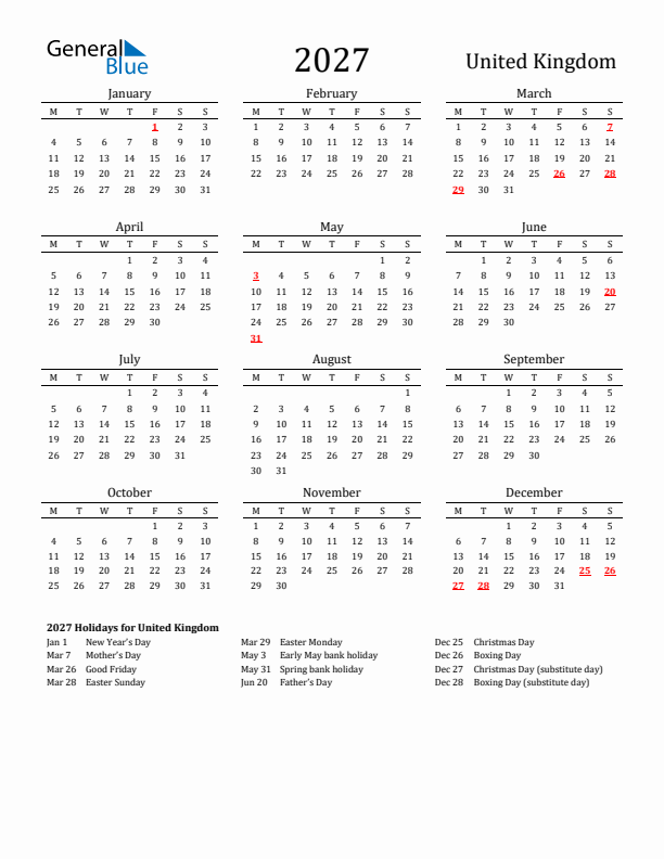 United Kingdom Holidays Calendar for 2027