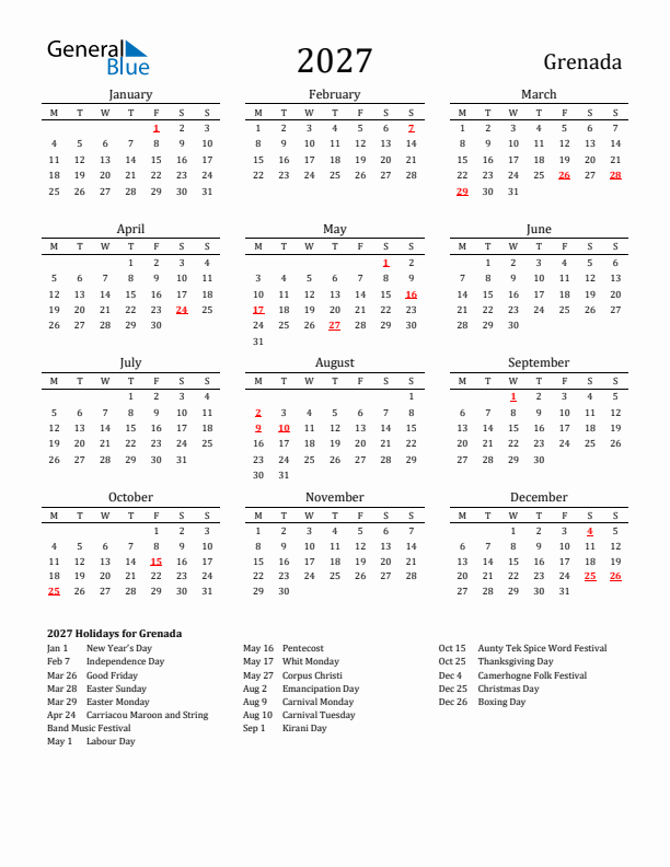 Grenada Holidays Calendar for 2027