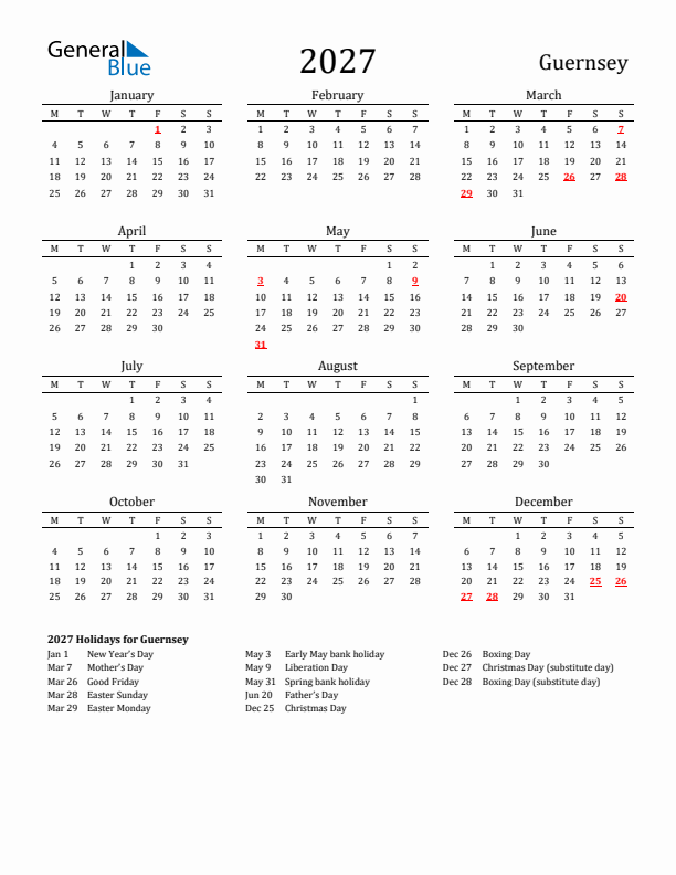 Guernsey Holidays Calendar for 2027