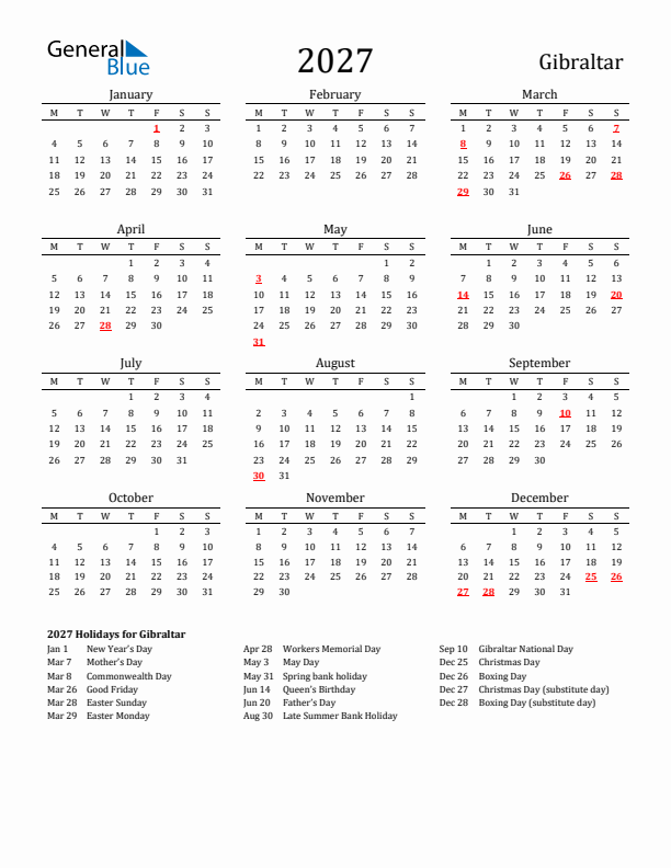 Gibraltar Holidays Calendar for 2027