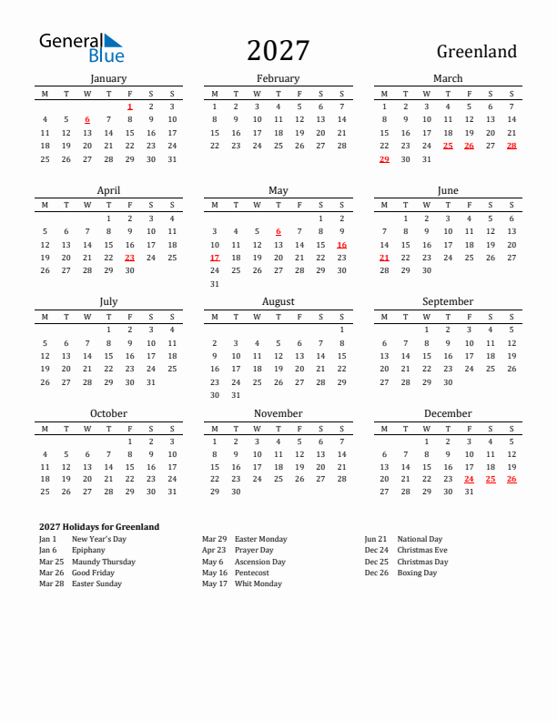 Greenland Holidays Calendar for 2027