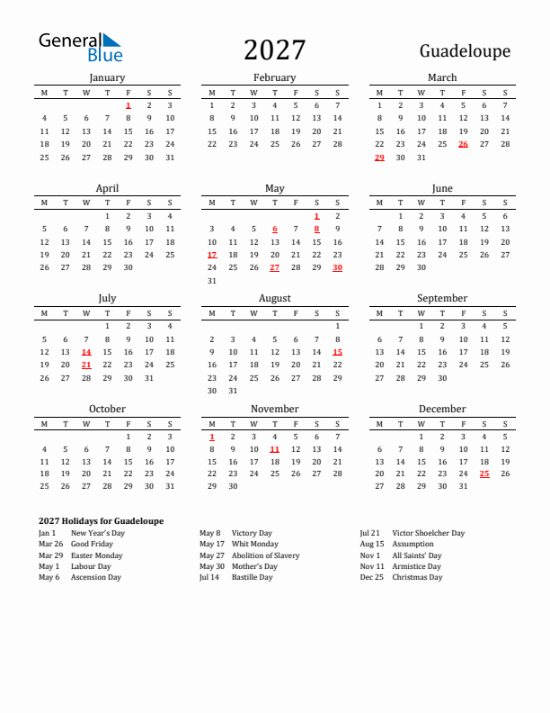 Guadeloupe Holidays Calendar for 2027