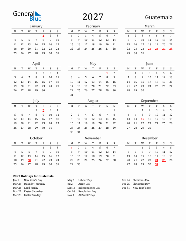 Guatemala Holidays Calendar for 2027