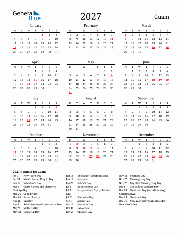 Guam Holidays Calendar for 2027