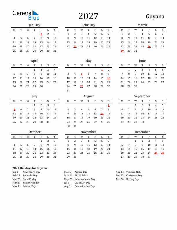 Guyana Holidays Calendar for 2027