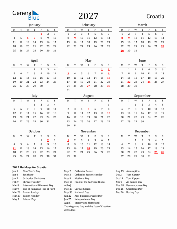 Croatia Holidays Calendar for 2027