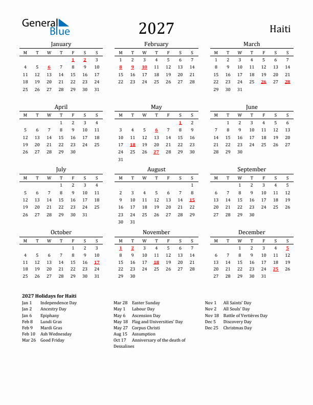 Haiti Holidays Calendar for 2027