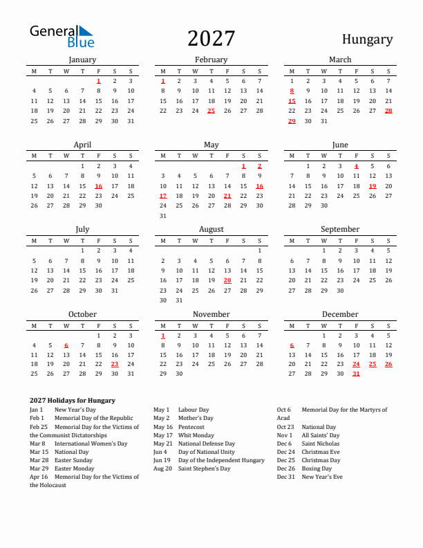 Hungary Holidays Calendar for 2027