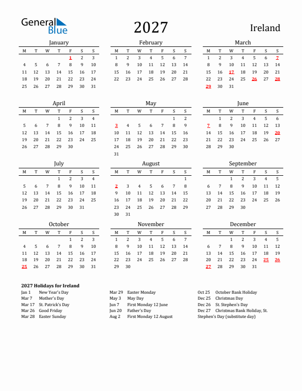 Ireland Holidays Calendar for 2027