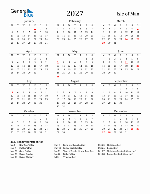 Isle of Man Holidays Calendar for 2027