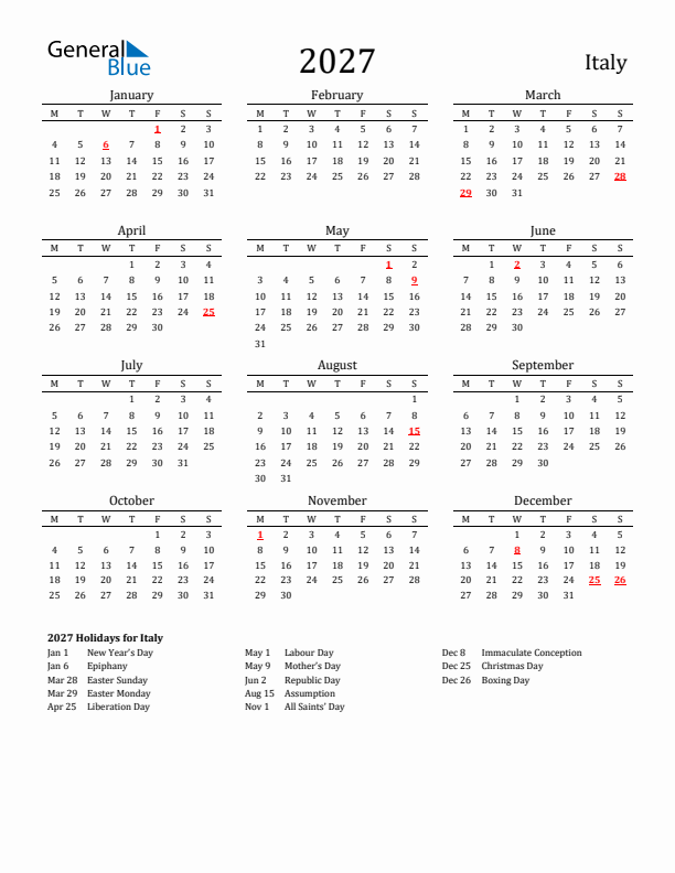 Italy Holidays Calendar for 2027