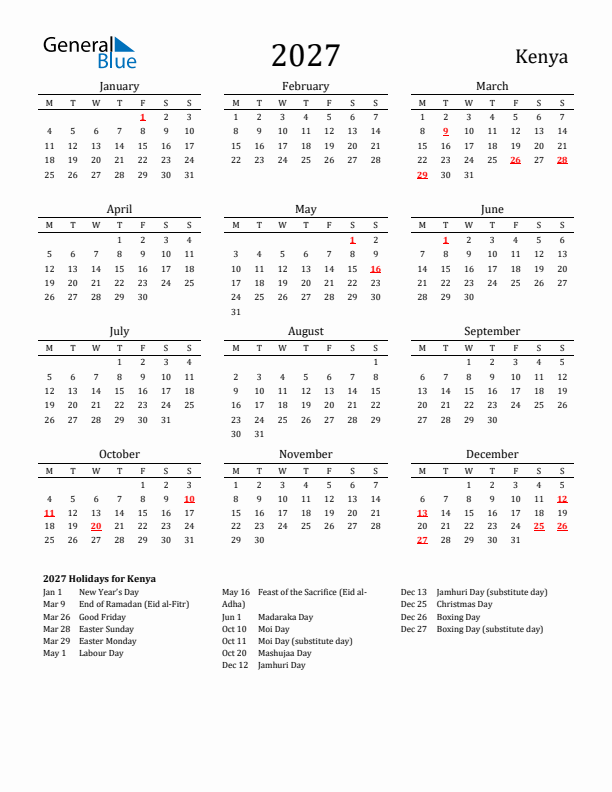 Kenya Holidays Calendar for 2027