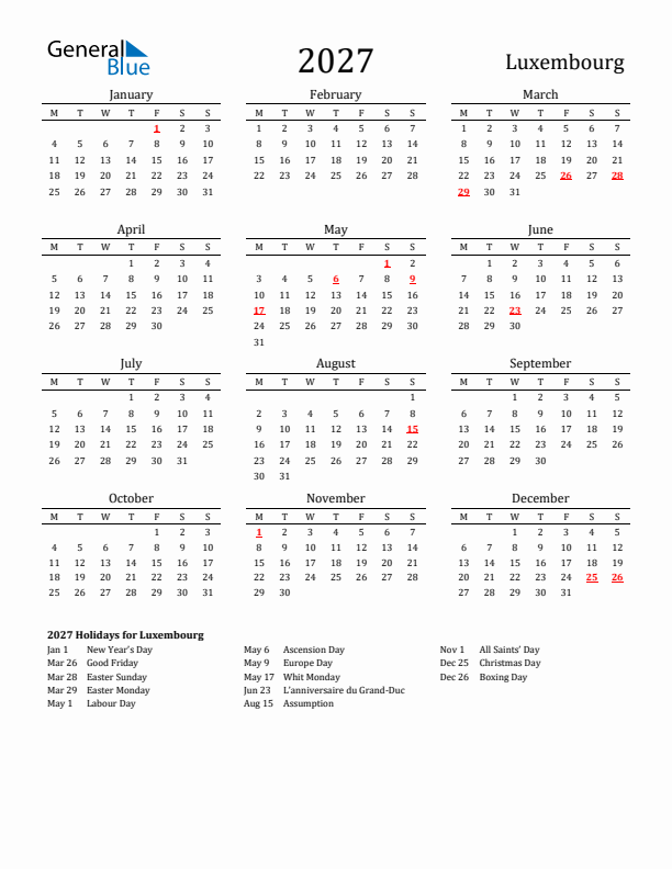 Luxembourg Holidays Calendar for 2027