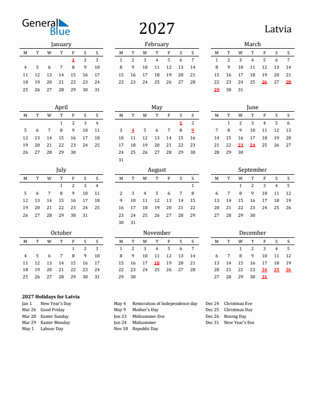 Latvia Holidays Calendar for 2027