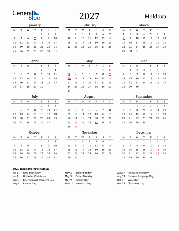 Moldova Holidays Calendar for 2027