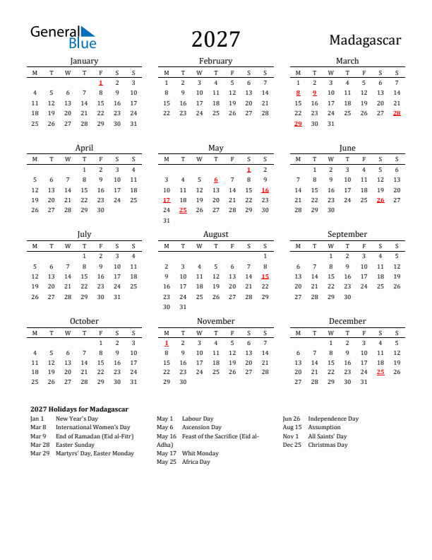 Madagascar Holidays Calendar for 2027