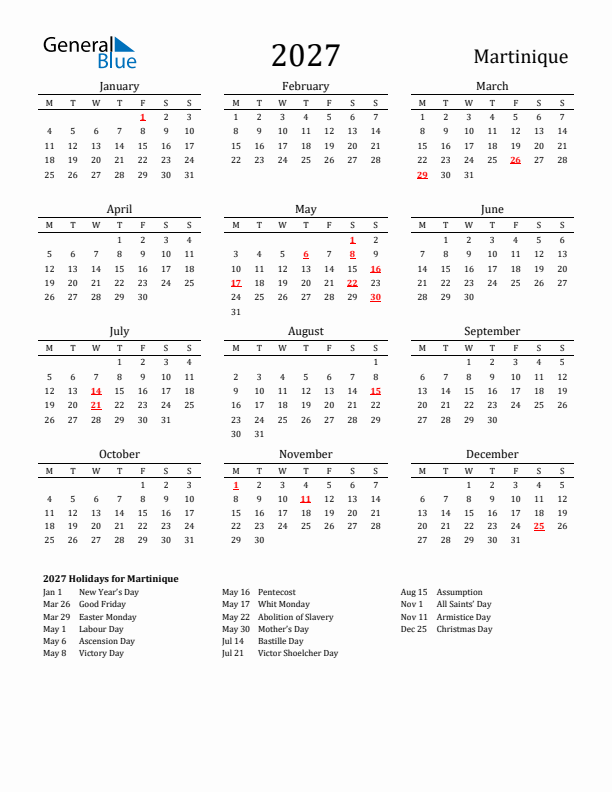 Martinique Holidays Calendar for 2027