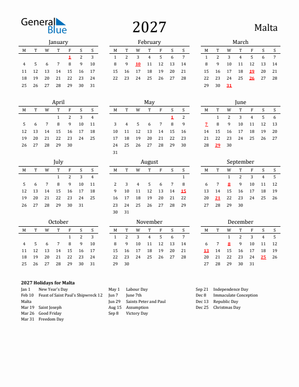 Malta Holidays Calendar for 2027