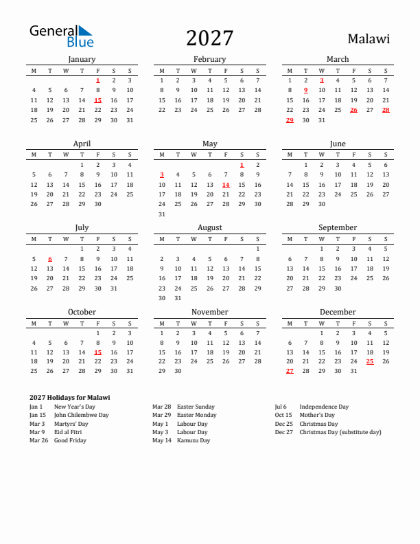 Malawi Holidays Calendar for 2027