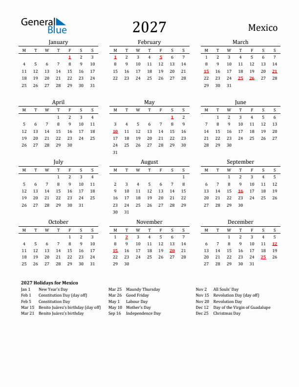 Mexico Holidays Calendar for 2027