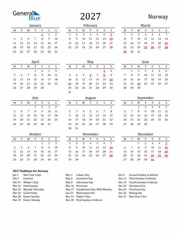 Norway Holidays Calendar for 2027