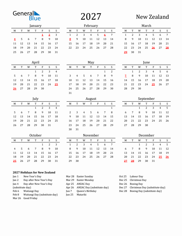 New Zealand Holidays Calendar for 2027