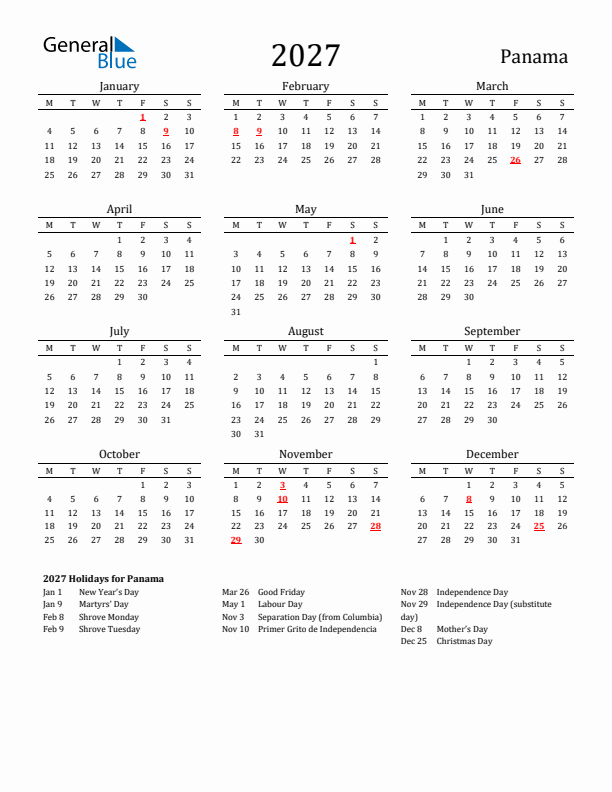 Panama Holidays Calendar for 2027