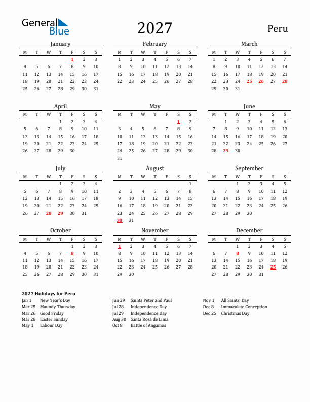 Peru Holidays Calendar for 2027