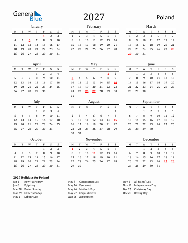 Poland Holidays Calendar for 2027