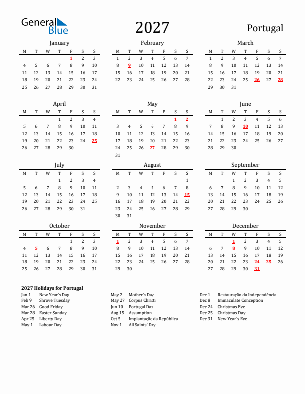 Portugal Holidays Calendar for 2027