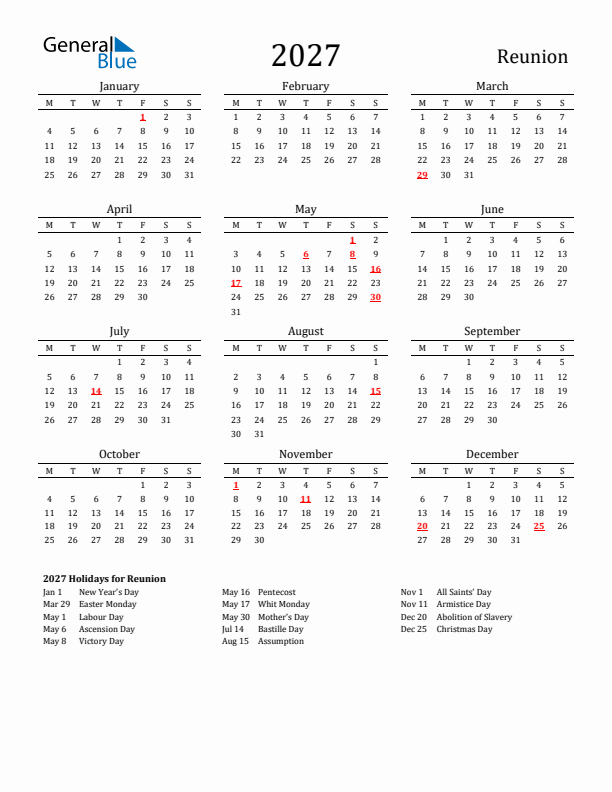 Reunion Holidays Calendar for 2027