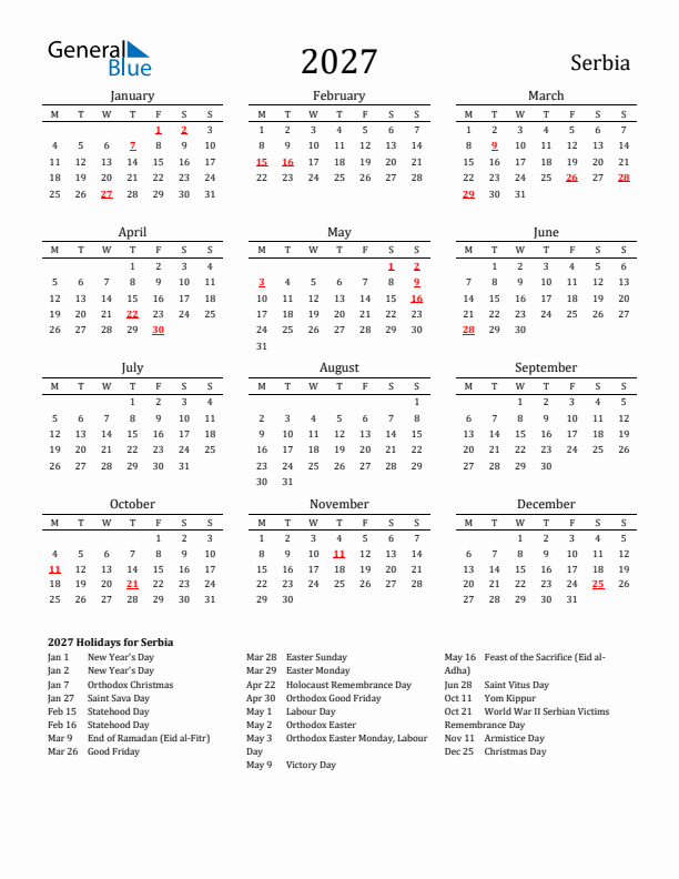 Serbia Holidays Calendar for 2027