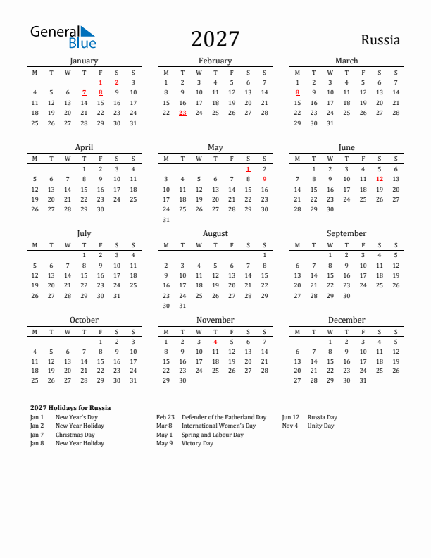 Russia Holidays Calendar for 2027