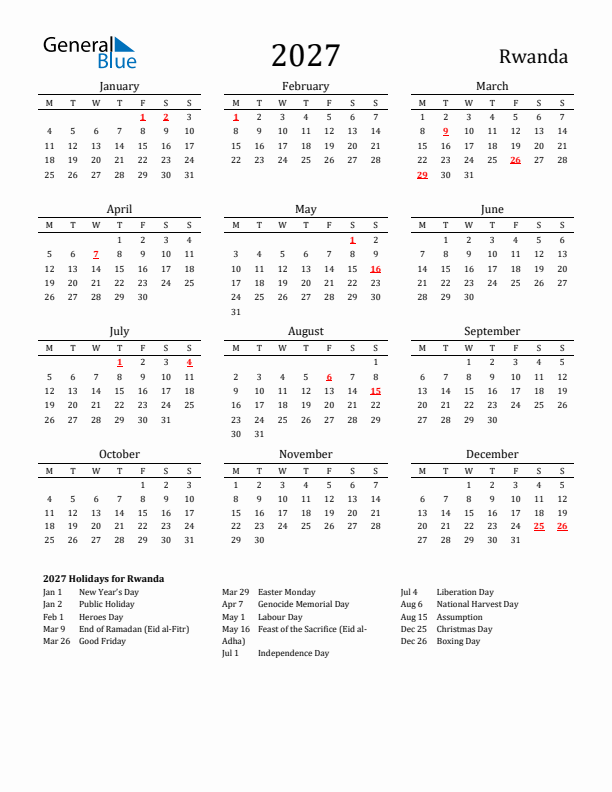 Rwanda Holidays Calendar for 2027