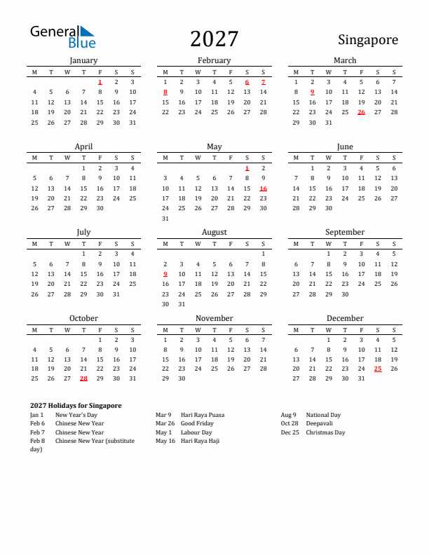 Singapore Holidays Calendar for 2027