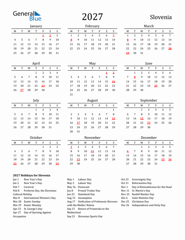 Slovenia Holidays Calendar for 2027