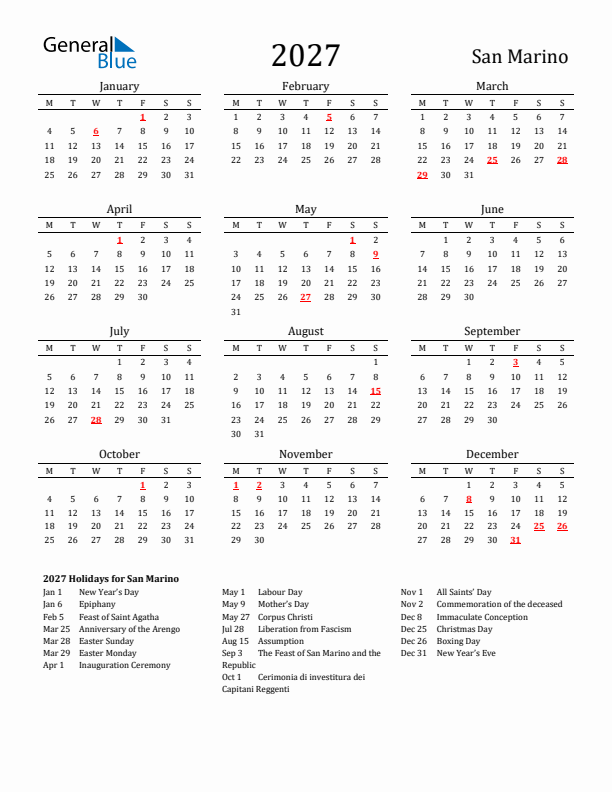 San Marino Holidays Calendar for 2027