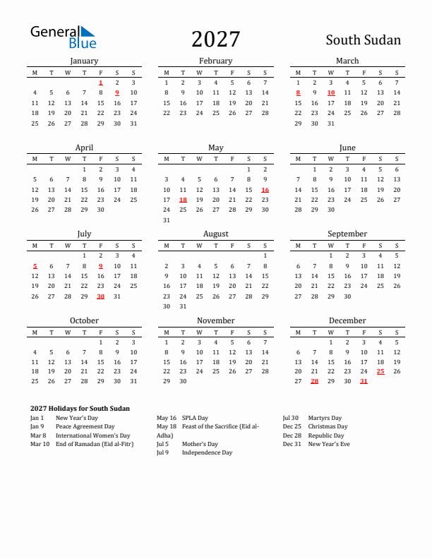 South Sudan Holidays Calendar for 2027