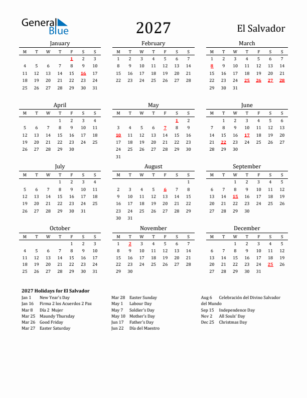 El Salvador Holidays Calendar for 2027